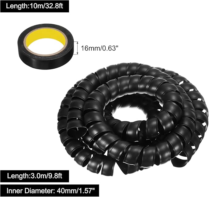 MECCANIXITY Spiral Cable Wrap 9.8ft/3.0M 40mm Cable Management Sleeve PP Insulation Cord Organizer for Computer Wire Power Cable Gas Pipe Black with Tape