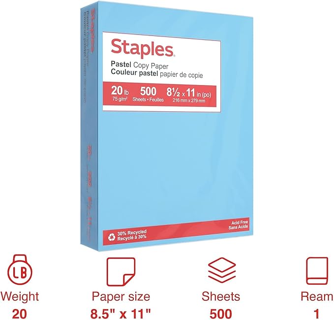 Staples Pastel Recycled Color Copy Paper - 8.5x11, Blue, 20 lbs, 500 Sheets, Acid-Free, Environmentally Friendly