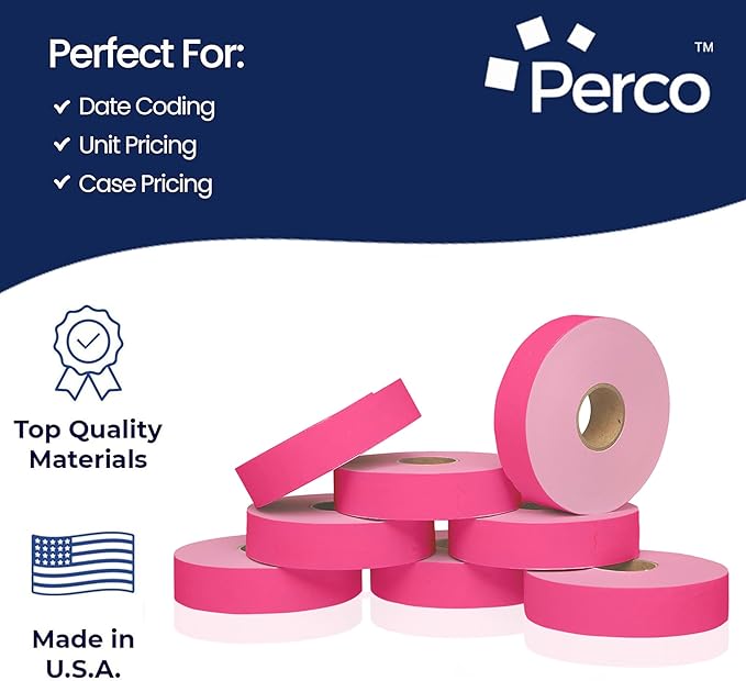 Perco Fluorescent Pink Pricing Labels for Monarch 1131 Price Gun - 1 Sleeve, 8 Rolls, 20,000 Price Marking Labels - with Ink Roll Included