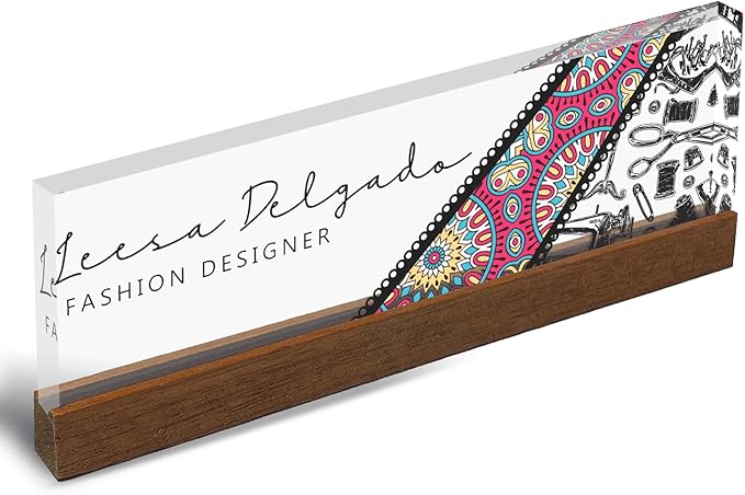 Artblox Personalized Office Desk Name Plate and Business Card Holder | Clear Acrylic Glass with Teak Wood Stand | Fashion Design Customized with Your Name and Credentials Office Desk Décor