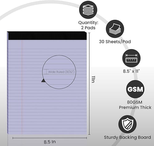 2pcs Legal Pads 8.5 x 11,Notepads 8.5 x 11 Inch, 30 Sheets/Pack, Purple Note Pads Clear Print Writing Pads of Paper, Perforate Wide Ruled Lined with Sturdy Back for Office, Business & School Supplies