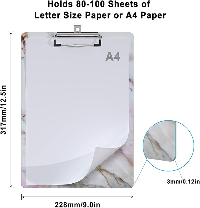 Cute Clipboard Wood Design Decorative A4 Letter Size Clipboards for Office, Standard Size 9" x 12.5" with Low Profile Metal Clip - Colorful Marble