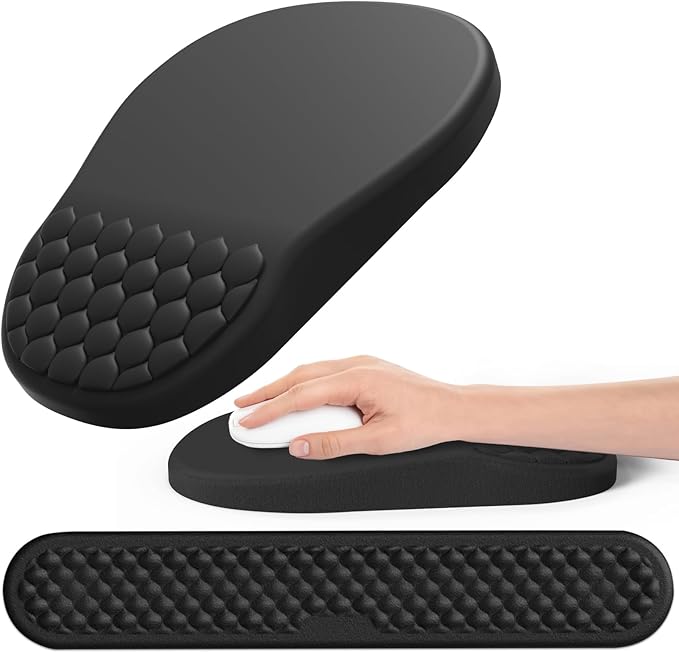 Ergonomic Mouse Pad and Keyboard Wrist Rest with Massage Design, Space-Saving Mouse Pad Wrist Support, Memory Foam Wrist Rest with Non-Slip PU Base for Computer Desk, Black