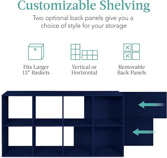 Best Choice Products Kids Bookcase 8-Cube Storage Organizer, 13.5in Shelf Opening, Bookshelf, Toy Storage, Customizable w/ 3 Removable Back Panels – Navy