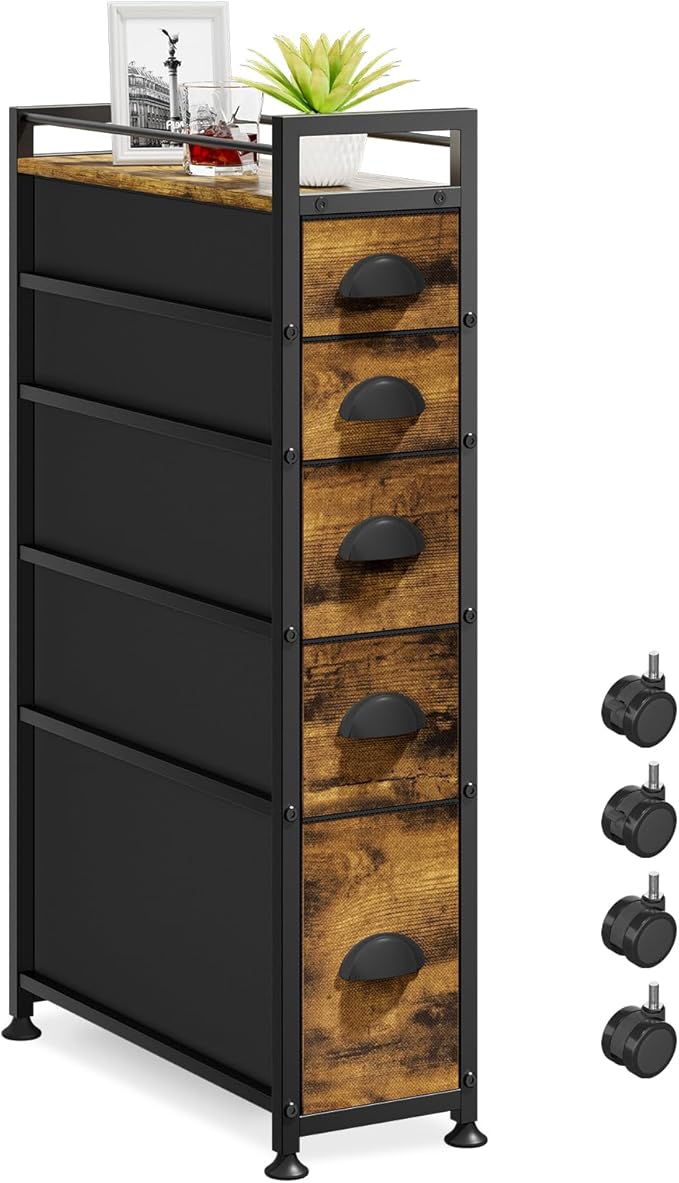 LASZOLA 5 Drawer Narrow Dresser Slim Cabinet Skinny Storage Tower Chest, Ideal for Small Spaces Bathroom Bedroom, Between Washer and Dryer, Lightweight Mobile on Wheels, Sturdy Fabric Drawers, Brown