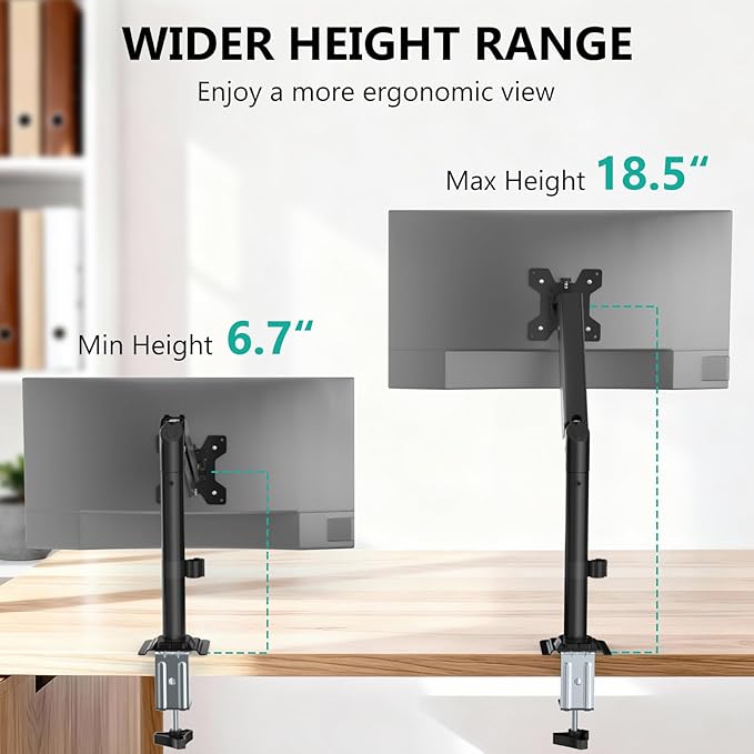 WALI Single Monitor Arm Desk Mount for 13-32 Inch Screens, Premium Gas Spring Monitor Stand with Full Motion Tilt, Swivel, Rotation, Holds up to 19.8 lbs, C-Clamp Mount for VESA 75/100mm (GSDM001S)
