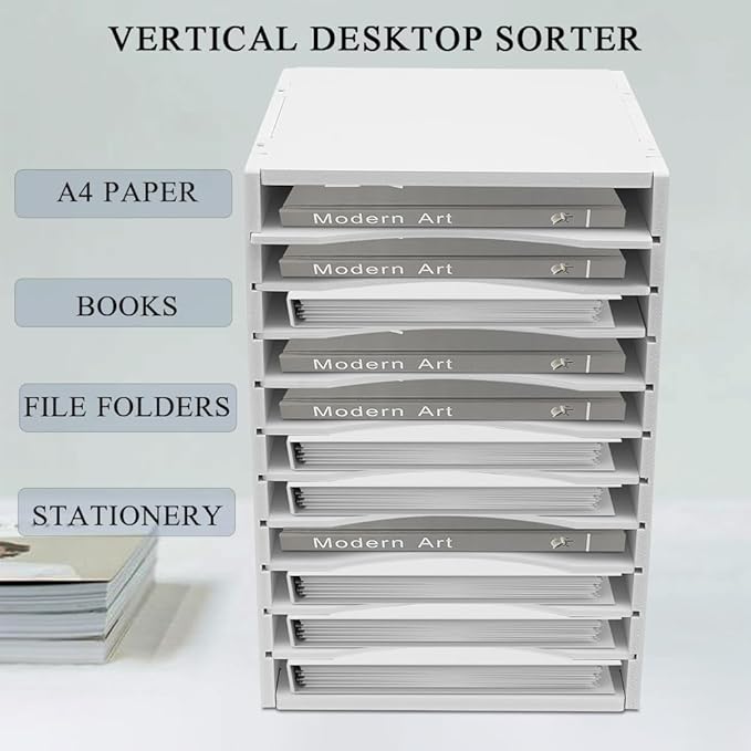 Vertical Desktop Sorter White, 11 Slots Wooden Mail Organizer Vertical File Organizer, Paper Sorter Organizer with 11 Slots Adjustable, Construction Paper Storage Mailbox for Classroom Office (White)