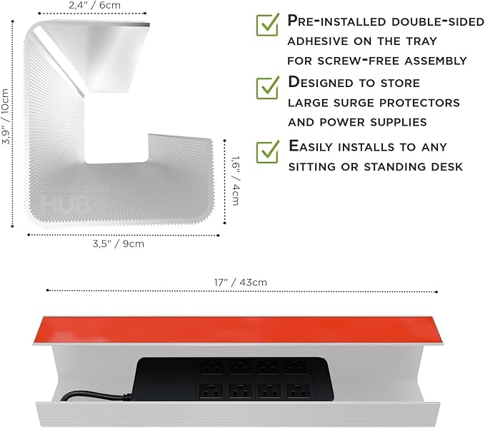 No-Screw Under Desk Cable Management Tray - Self-Adhesive Installation, Cord Management, Cable Tray, Under Desk Wire Organizer - White Set of 2