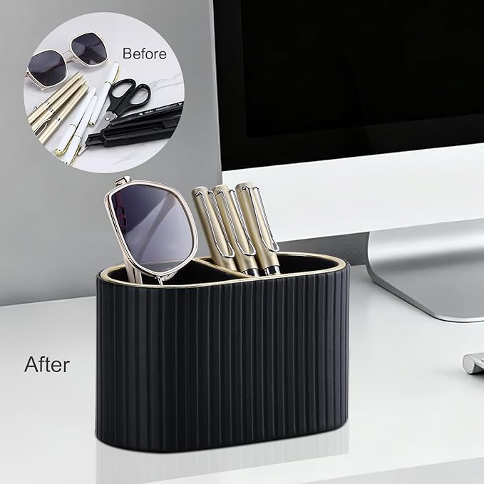 KINGFOM PU Leather Desk Organizer Pen Holder – Dual-Compartment Stylish Pencil Cup Remote Control Holder Desktop Supplies and Accessories Organizer Caddy for Office Home School (Black)