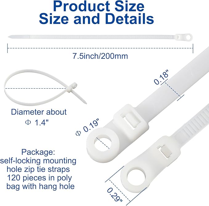 120 PCS 7.5 Inch Plastic Zip Ties with Screw Holes, Heavy Duty Mountable Cable Ties, UV Resistant Electrical Zip Ties for Indoor & Outdoor (White)