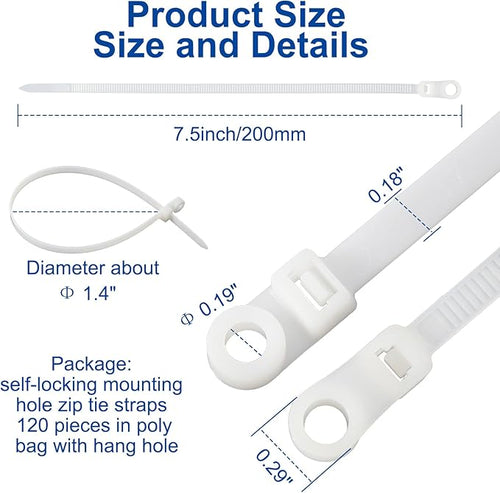 120 PCS 7.5 Inch Plastic Zip Ties with Screw Holes, Heavy Duty Mountable Cable Ties, UV Resistant Electrical Zip Ties for Indoor & Outdoor (White)