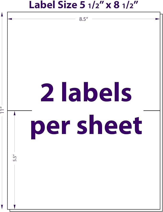 Everstix 5.5" x 8.5", 25 Sheets, 50 Printable Half Sheet Labels, Blank Mailing Labels for Laser & Inkjet Printers, Letter Size
