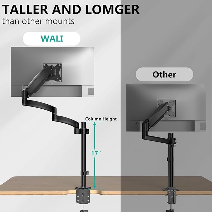 WALI Single Long Monitor Arm - 13 to 32 inch Computer Monitor Arm Desk Mount, Hold up to 19.8lbs, Extra Long Adjustable Stand, Full Motion Tall Arm, VESA 75/100mm, (GSDM001L)