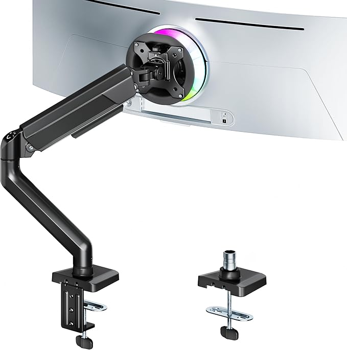 ARES WING Heavy Duty Single Monitor Arm - Fully Adjustable Monitor Mount for 17"-40" Ultrawide Screens Up to 26.4 lbs with Clamp/Grommet Desk Mount, 75/100 Vesa Mount, Black