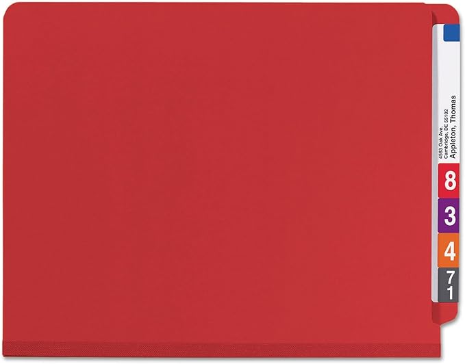 Smead 100% Recycled End Tab Pressboard Classification File Folder with SafeSHIELD Fasteners, 2 Dividers, 2" Expansion, Letter Size, Bright Red, 10 per Box (26783)