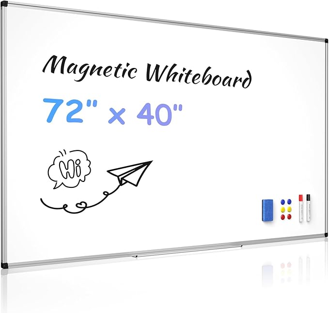 Magnetic Dry Erase Whiteboard - 40 x 72 Inch White Board - Large Wall-Mounted Board with Silver Aluminum Frame, 1 Magnetic Eraser, 2 Pens, Detachable Marker Tray, 6 Magnets