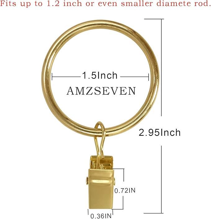 AMZSEVEN 40 Pack Metal Curtain Rings with Clips, Drapery Clips Hooks, Decorative Curtain Rod Clips 1.5 in Interior Diameter, Gold