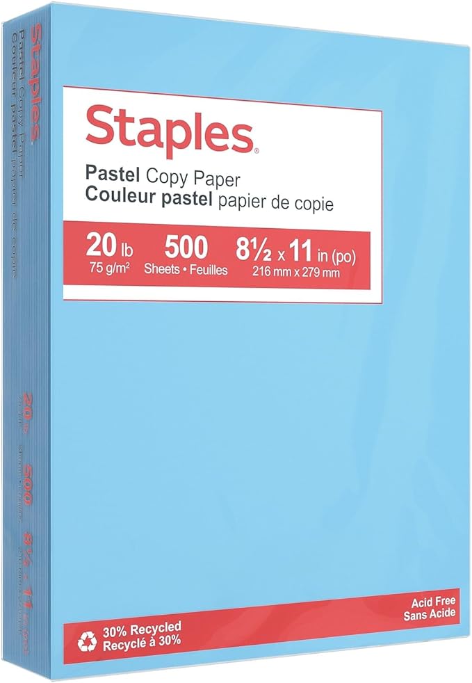 Staples Pastel Recycled Color Copy Paper - 8.5x11, Blue, 20 lbs, 500 Sheets, Acid-Free, Environmentally Friendly