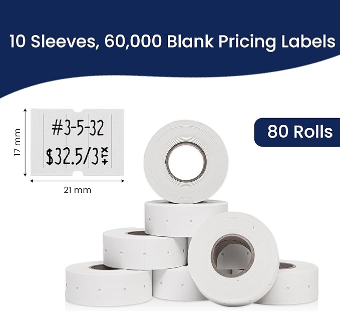 Perco 2 Line White Labels - 80 Rolls, 10 Sleeves, 80,000 Blank Price and Date Gun Labels for Perco 2 Line Price and Date Guns - Made in USA