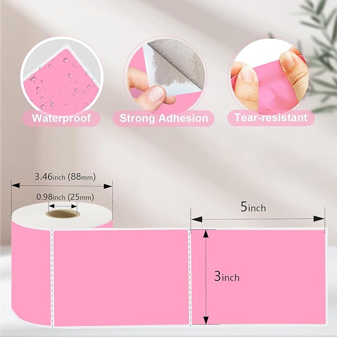 YOULAISHI 3 X 5 Inch Printable Waterproof Rectangle Color Coding Labels, 300 Per Roll Adhesive Color Coding Stickers for Bar-Codes, Address, Small Business Labeling, Inventory, Pink