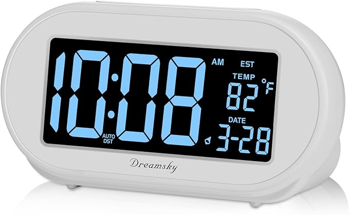 DreamSky Alarm Clocks for Bedrooms, Auto Set Digital Desk Clock for Bedside Nightstand, Electric Clock with Dimmable Brightness Dimmer, Auto DST, USB Port, Date, Temperature, Snooze
