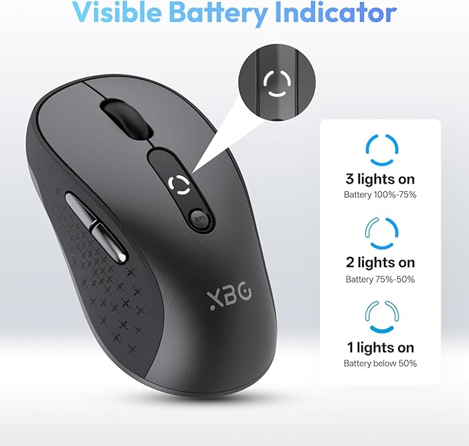 XBG B15 Tri-Mode Wireless Mouse, Bluetooth 5.0/4.0 & 2.4G, 5 Adjustable DPI, Type-C Rechargeable with 3-Level Battery Indicator, Ergonomic Silent Design for Office/Laptop/Travel