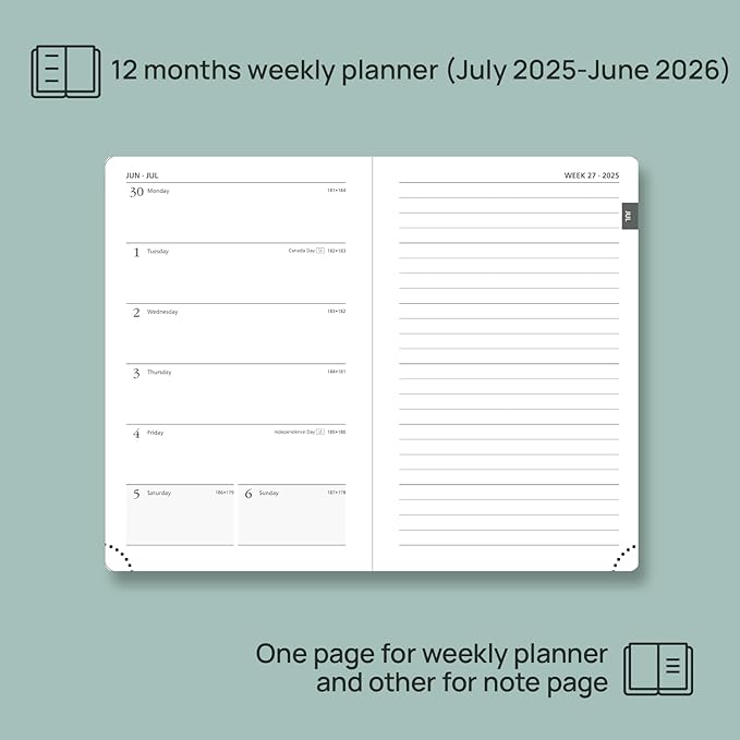 POPRUN Weekly Planner 2025-2026 (Pocket Size 4''x 6.25'') Academic Calendar (JUL.25 - JUN.26) Appointment Book with Monthly Tabs, Leather Soft Cover, Inner Pocket, 100 GSM - Lilac