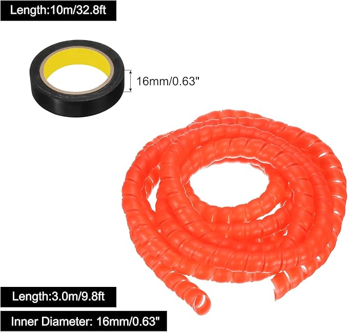 MECCANIXITY Spiral Cable Wrap 9.8ft/3.0M 16mm Cable Management Sleeve PP Insulation Cord Organizer for Computer Wire Power Cable Gas Pipe Red with Tape