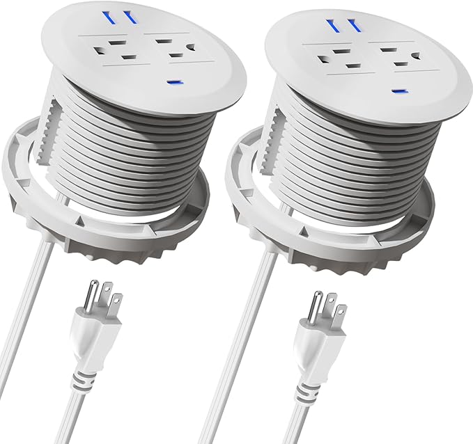 2PCS 3 Inch Desktop Power Grommet,20W USB C Fast Charging Station,3-USB Port,Flush Mount,6.5 ft Power Cord.Round Recessed Power Strip,Desk Hole Grommet Outlet for Workspace,White