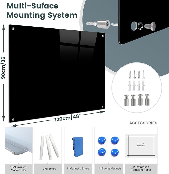 Magnetic Glass Black Board 48"x36" Glass Dry Erase Blackboard Tempered Glass Whiteboard Wall Mounted for Office School Home (Black)