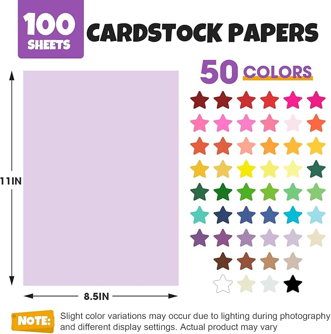 100 Sheets 8.5" X 11" Colored Cardstock, 50 Assorted Colors Construction Paper Card Stock Printer Paper for Printing, Card Making, DIY Crafts,School Supplies,Party Decorations (180GSM/65LB)