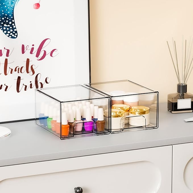 4.4" Tall Small Clear Acrylic Stackable Storage Drawers for Vanity,Under Sink,Bathroom Closet,Medicine Cabinet Organization and Plastic Storage Bins for Organizing Makeup,Baby Bottles,Pacifier,2 PCS