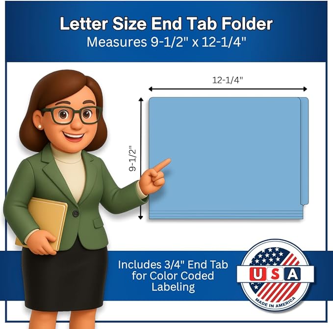 Blue File Folders, USA Made, Doctor Stuff, One 2" Bonded Fastener Top Right Position 1, Durable 11pt, Reinforced End Tab File Folders with Prong, Medical Charts/Patient Chart, 50/Box