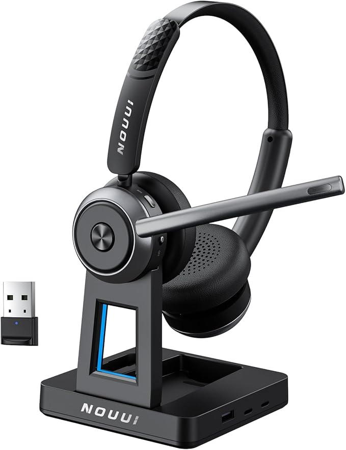 Wireless Headset with Mic for Work, Wireless Headphones with Mic(Noise Cancelling), Bluetooth Headset with Microphone, Mute Button & Charge Base for Work from Home/PC/Call Center/Computer/Zooms/Teams