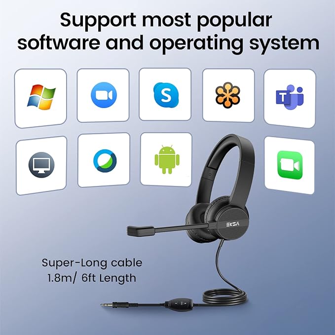 EKSA Headset with Microphone for PC, 3.5mm Wired Computer Headsets with Volume & Mic Mute Controls, Lightweight All-Day Comfort Noise Cancelling Headphones for Laptop Work Office Call Center Skype