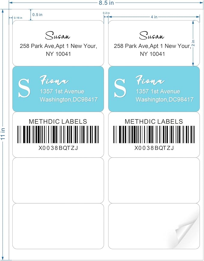 Methdic Shipping Labels 2"×4" 1000 Labels Sticker Paper for Laser/Ink Jet Printer Mailing Labels 8.5"×11" White 10 per Sheet