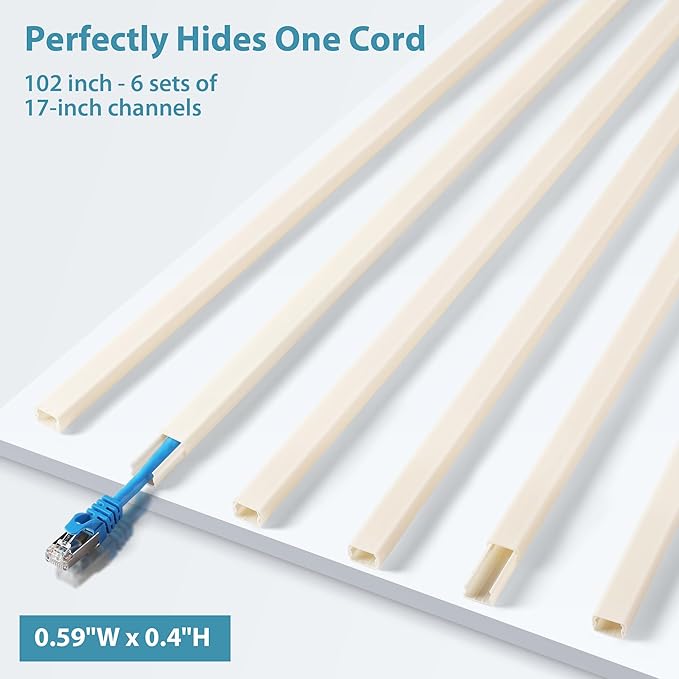 Cord Hider for One Wire, 102in Cable Hider Concealer, Paintable Wall Wire Covers, PVC Cable Management Raceway for A Thick Extension Cord, 6 x L17in W0.59 H0.4in, Beige