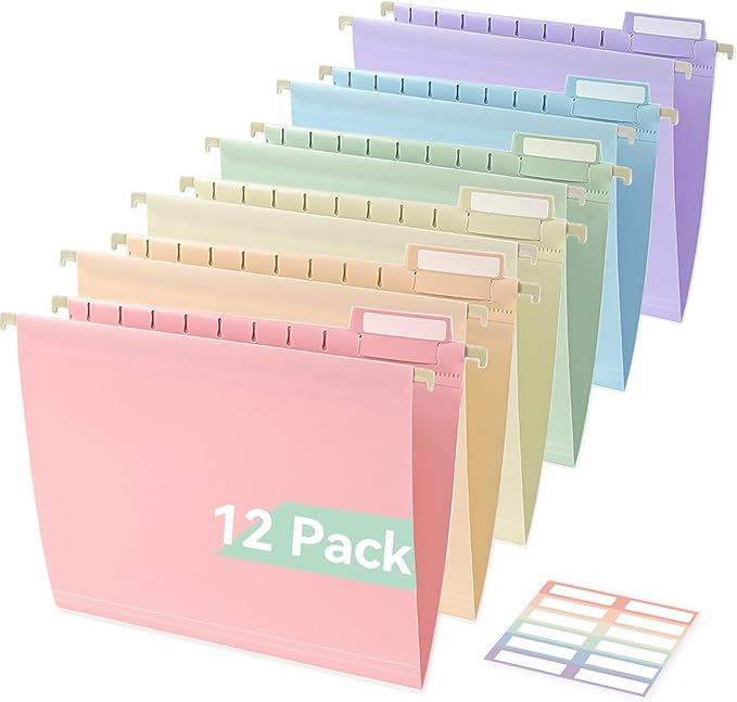 Plastic Hanging File Folders Letter Size, 12 Pack Pastel Hanging Folders, with Insertable 1/5-Cut Tabs for Filing Cabinets