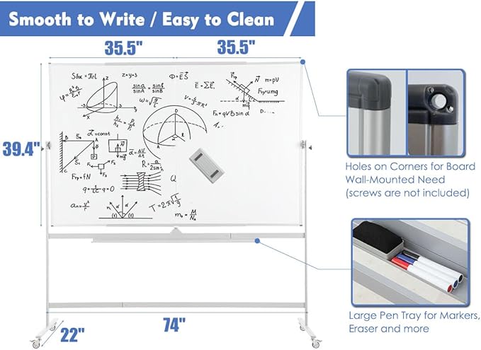 FORTUNO Large Magnetic Mobile Whiteboard 72"x40", Rolling Double Sided Stand Whiteboard on Wheels, Reversible Adjustable Height/Angle Dry Erase Board Easel White Board for Office Classroom