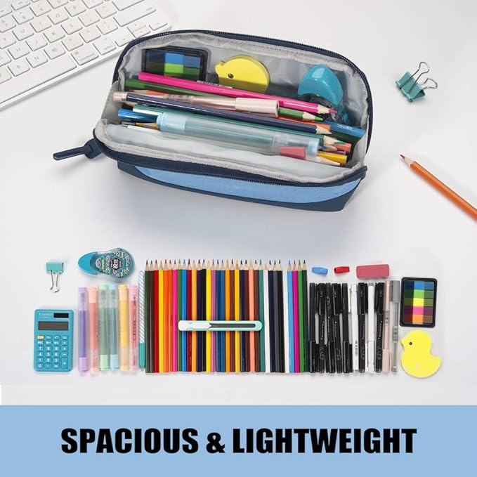 Sooez Wide-Opening Pencil Pen Case, Lightweight & Spacious Pencil Pouch Zipper Stationery Bag, Aesthetic Supply with Triangular Design for Adults, Blue