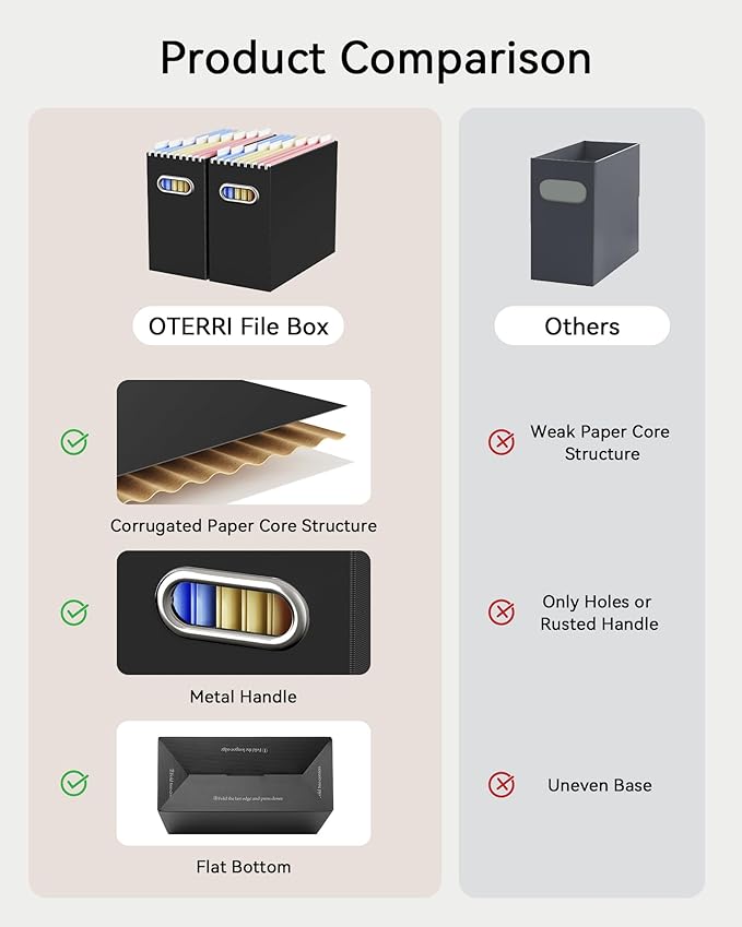 Oterri Cardboard File Organizer Box for Hanging File Folders Letter Size,File Box for Computer Desk,File Cabinet,Working Home,Office,Classroom (Black, Letter Size - 8 Packs)