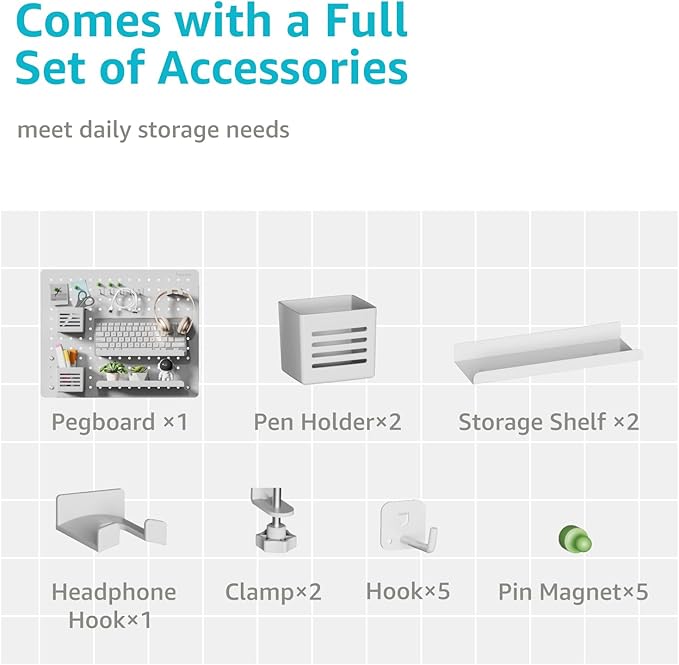 PEGZONE Clamp-on Desk Pegboard, Desk Organizer for Office Gaming Home, Magnetic Metal Peg Board with 15 Accessories, Privacy Panel for Office, 20.4" x 16.5", Large, White