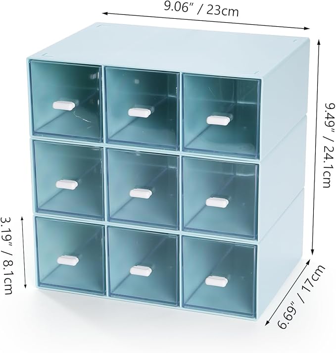 Desktop Drawers, Desk Organizer with 9 Drawers, Stackable Plastic Storage Box for Home Collection, Cosmetics, Office Supplies (3 Tall Layers, Blue)