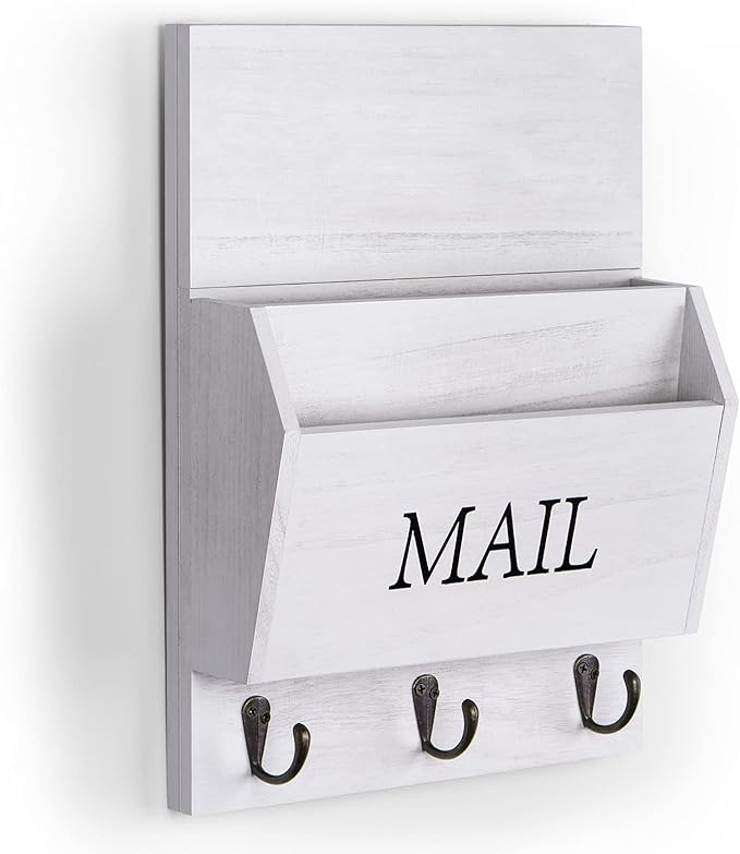DLQuarts Mail Organizer with Key Holder for Wall Decorative Mail Sorter Wall Mounted, Wooden Mail Holder with 3 Hooks, White