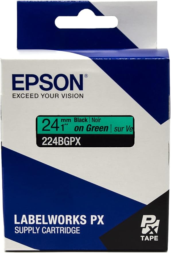 Epson LABELWORKS 224BGPX Genuine PET (Polyester) Tape Cartridge - Black on Green Label Maker Tape - 1" (24MM) Wide, 30'
