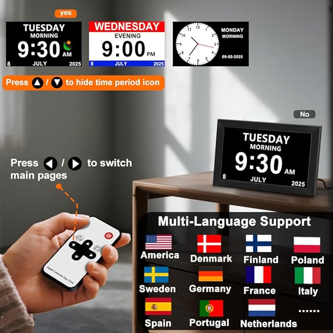 Digital Alarm Clock for Seniors - No-Abbreviation Date HD Display Auto Dimming Photo FrameWhite Noise DST Adjustment, Ideal Gift for Elders (10inch Black)