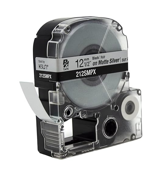 Epson LABELWORKS 212SMPX Genuine PET (Polyester) Tape Cartridge - Black on Silver Matte Label Maker Tape - 1/2" (12MM) Wide, 30'
