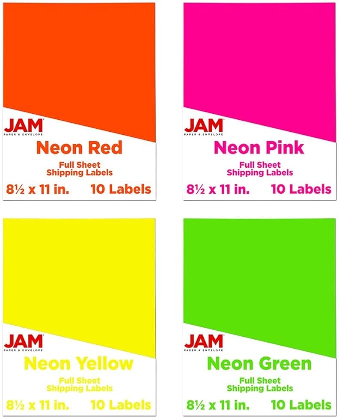 JAM PAPER Full Sheet Shipping Labels - Printable Sticker Paper - 8 1/2 x 11 - Assorted Neon Colors - 40 Pages/Pack