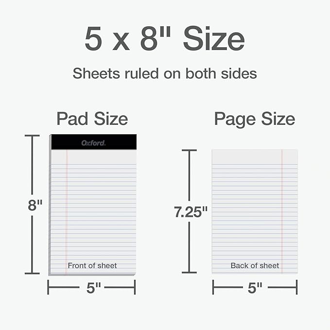 Oxford Premium Legal Pads, 12 Pack, Premium Note Pads, 50 Legal Ruled 5" x 8" Sheets, Bright White Paper with Firm Back, Small Portable Notepads