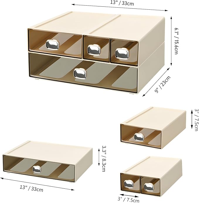 Spacious Desktop Storage Box, 1 Large 1 Middle & 2 Small Storage Drawers, Stackable Office Desk Drawer Organizer and Accessories, Printer Paper Organizer, Cream Plastic Drawers for Workspace